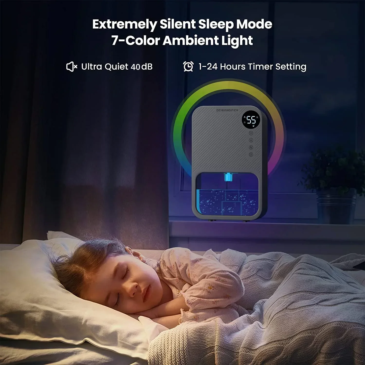 1100ML Large Capacity Dehumidifier Portable Moisture Absorbers Timing Colorful Light Quiet Air Dryer For Home Bedroom Bathroom - Image 4