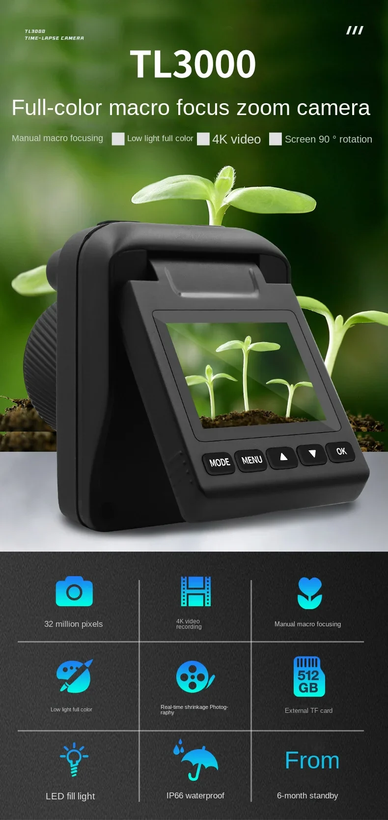 4K Time Lapse Camera IP66 Waterproof Construction Timer Outdoor Courtyard Plant Survey Night Vision Full-color Time-lapse Cam - Image 4