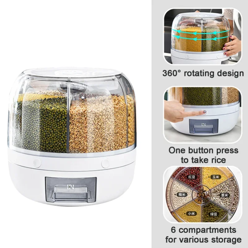 6KG Rotatable 360 Degree Rice Dispenser Sealed Dry Grain Bucket Dispenser Moisture-proof Kitchen Food Container Storage Box - Image 2