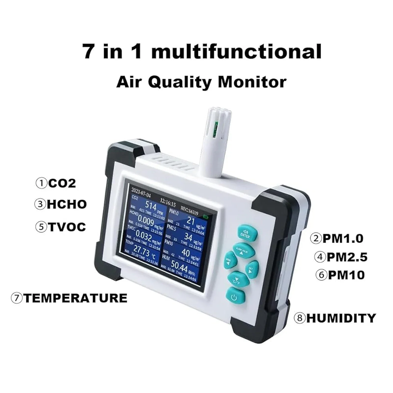 Air Quality Monitor, Portable Gas Analyzer Co2 Air Monitor Sales Detector, Hcho Pm2.5 Tvoc AQI Humitity Dust Particle Meter Tool - Image 3