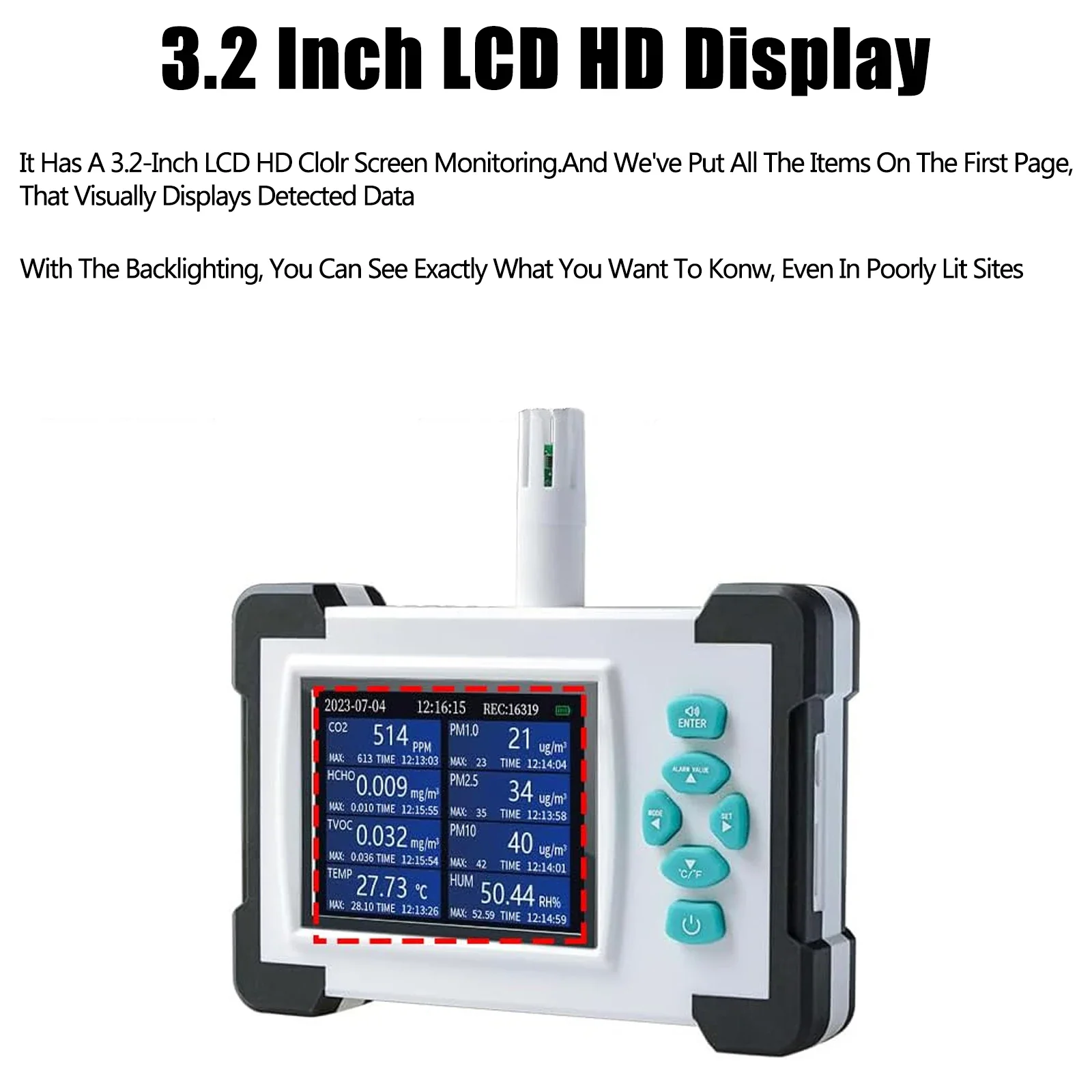 Air Quality Monitor, Portable Gas Analyzer Co2 Air Monitor Sales Detector, Hcho Pm2.5 Tvoc AQI Humitity Dust Particle Meter Tool - Image 4
