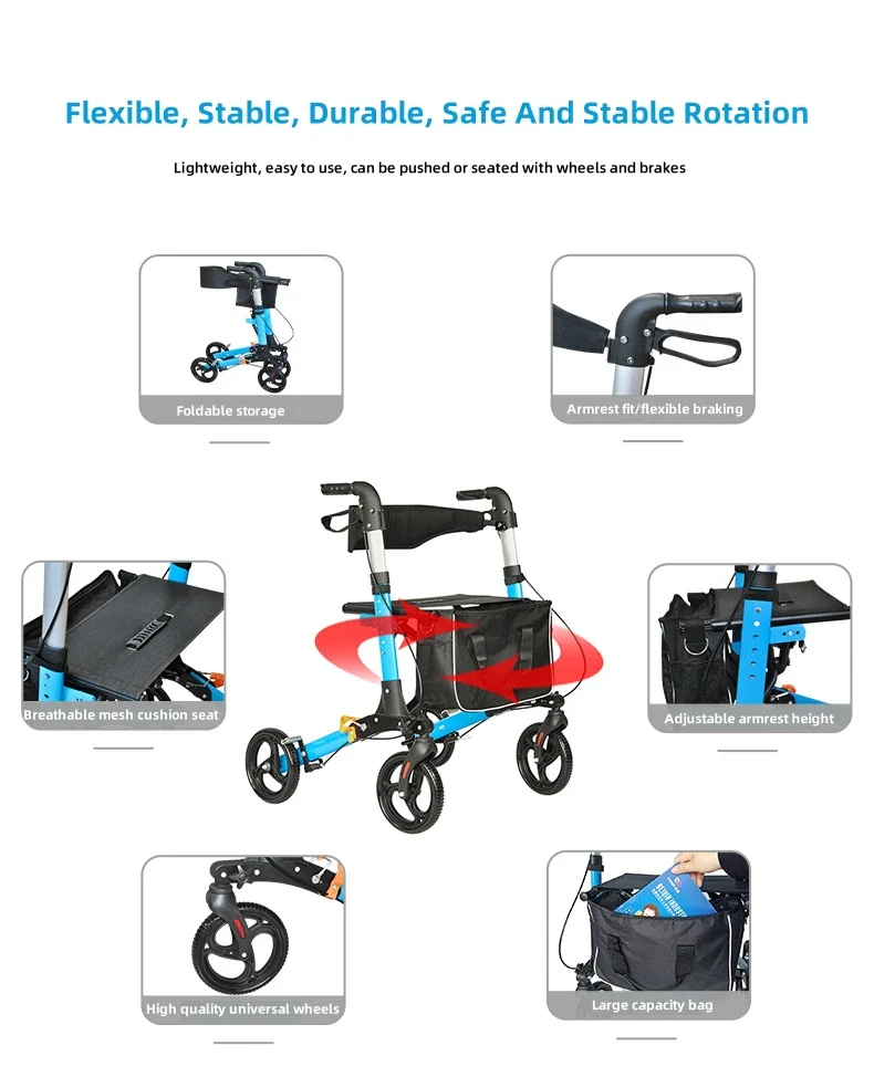 Elderly Disabled Rehabilitation Walking Assist Rollator Walker Aluminum Alloy Folding Pulley Training Mobility Aid Household - Image 6