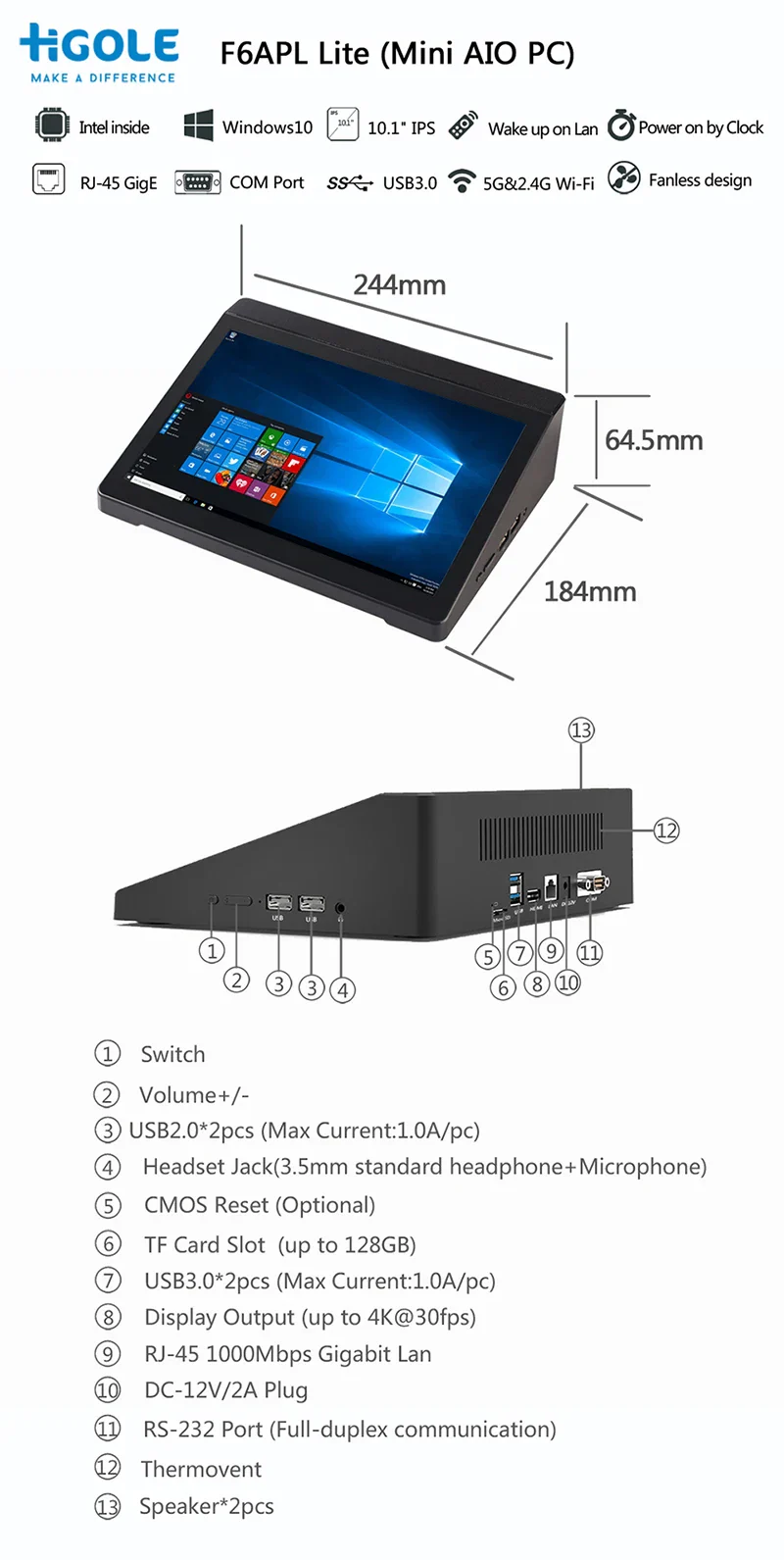 HIGOLE F6APL Mini PC Computer Tablet Pad 1280×800IPS Touch Screen Windows 10 10.1" Pocket All-in-one PC Industrial Computer 4K - Image 6