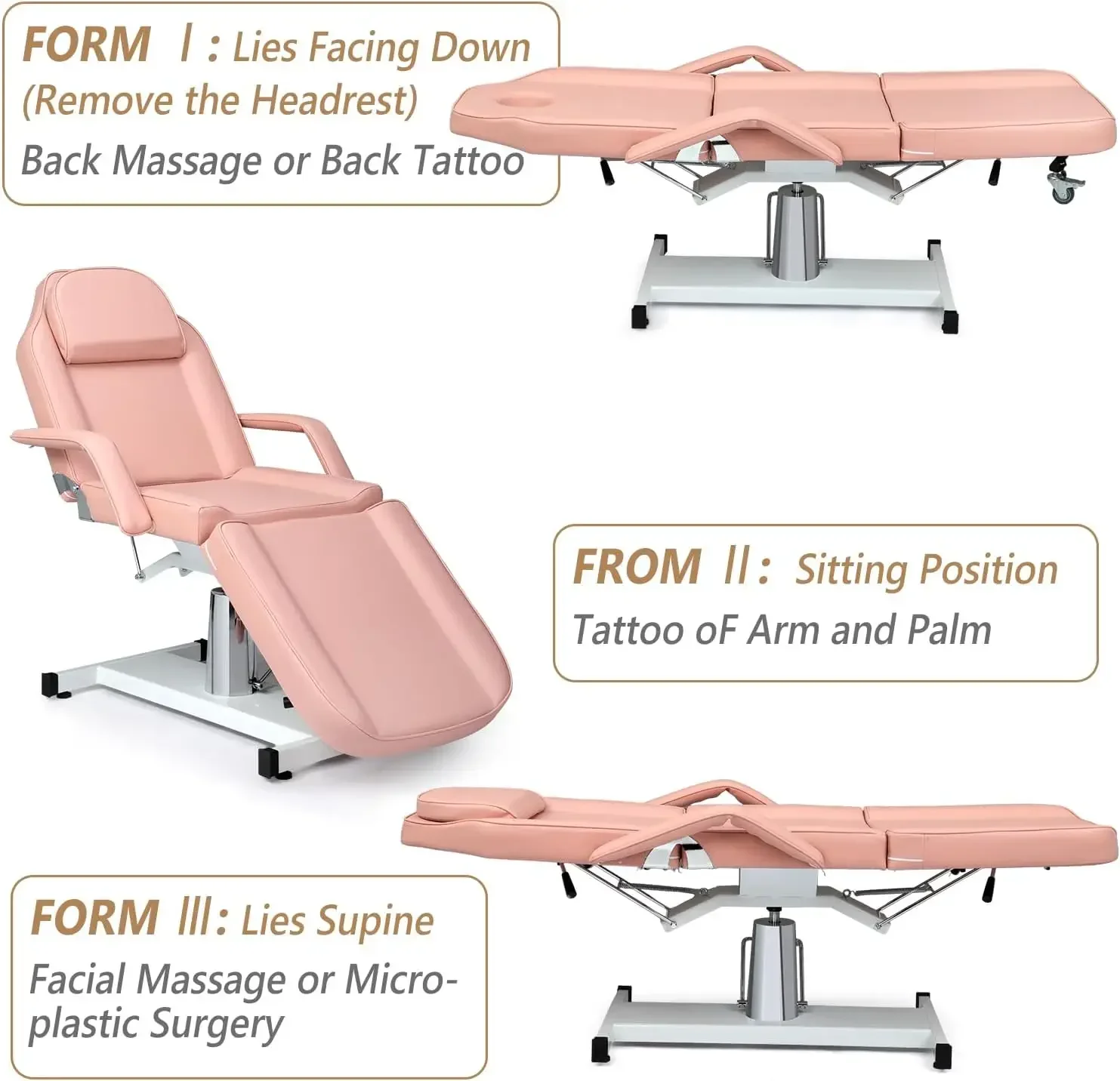 Hydraulic Facial Bed Massage Table, Multi-Purpose 3-Section Tattoo Chair Esthetician Bed, Adjustable Beauty Salon Spa E - Image 2