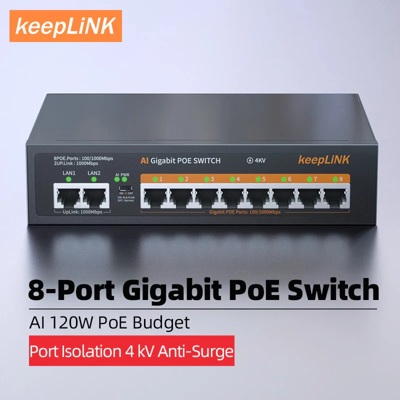 KeepLink POE Switch 1000 Mbps 8 Ports Network Standard POE Ethernet Switch 52V Built-in Power For CCTV IP Camera/Wifi Router