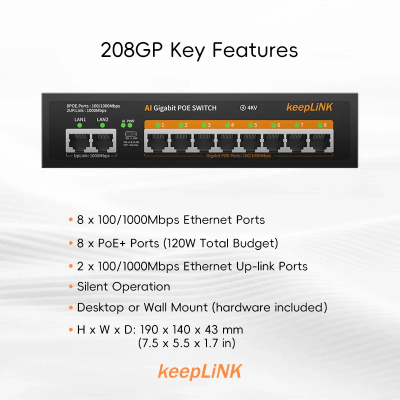 KeepLink POE Switch 1000 Mbps 8 Ports Network Standard POE Ethernet Switch 52V Built-in Power For CCTV IP Camera/Wifi Router - Image 2