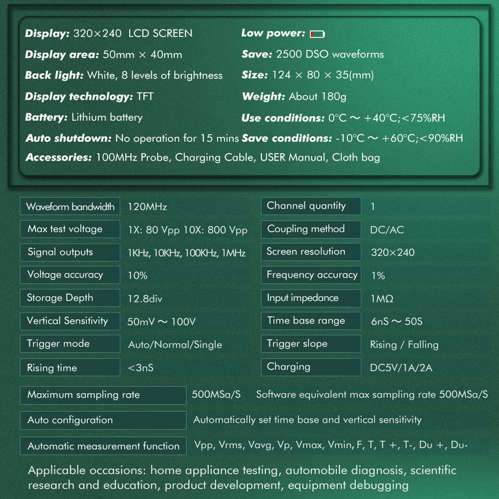 KKMOON DS0120M Professional Digital Oscilloscope 120MHz Bandwidth 500MSa/s Sampling Rate Digital Oscilloscope with Backlight - Image 2