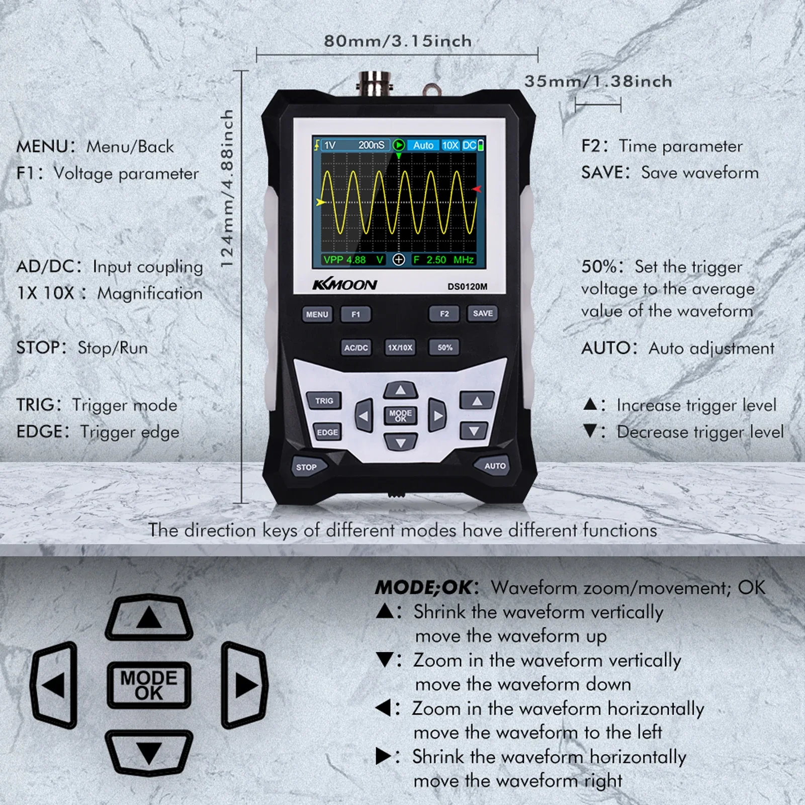 KKMOON DS0120M Professional Digital Oscilloscope 120MHz Bandwidth 500MSa/s Sampling Rate Digital Oscilloscope with Backlight - Image 3
