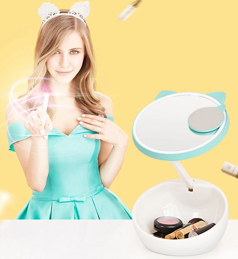 LED Light Makeup Mirror Lovely Pets Shape Creative Storage Cosmetic Mirror Night Light Mirror With 3x Magnifying Mirror - Image 4