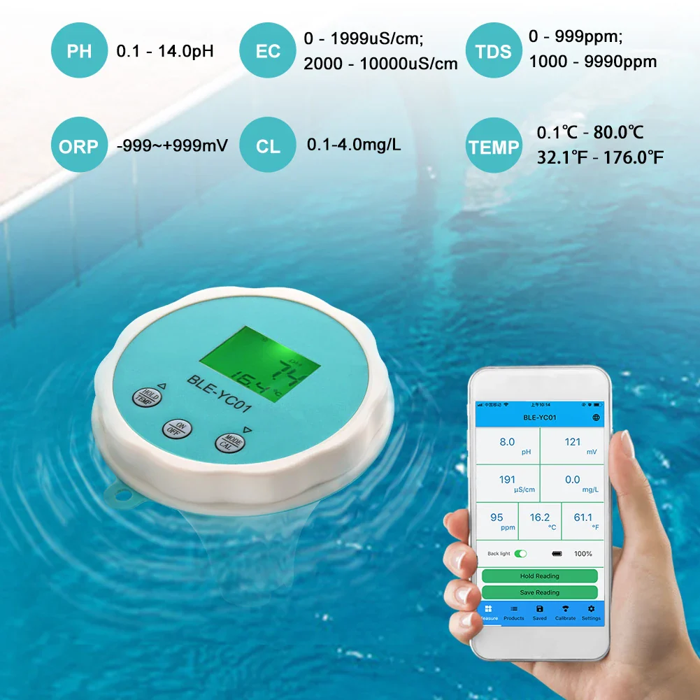 Water Quality Detector 6 In 1 PH EC Dissolved Solids ORP Temperature Chlorine Water Quality Tester BT Mobilephone APP Remote - Image 2