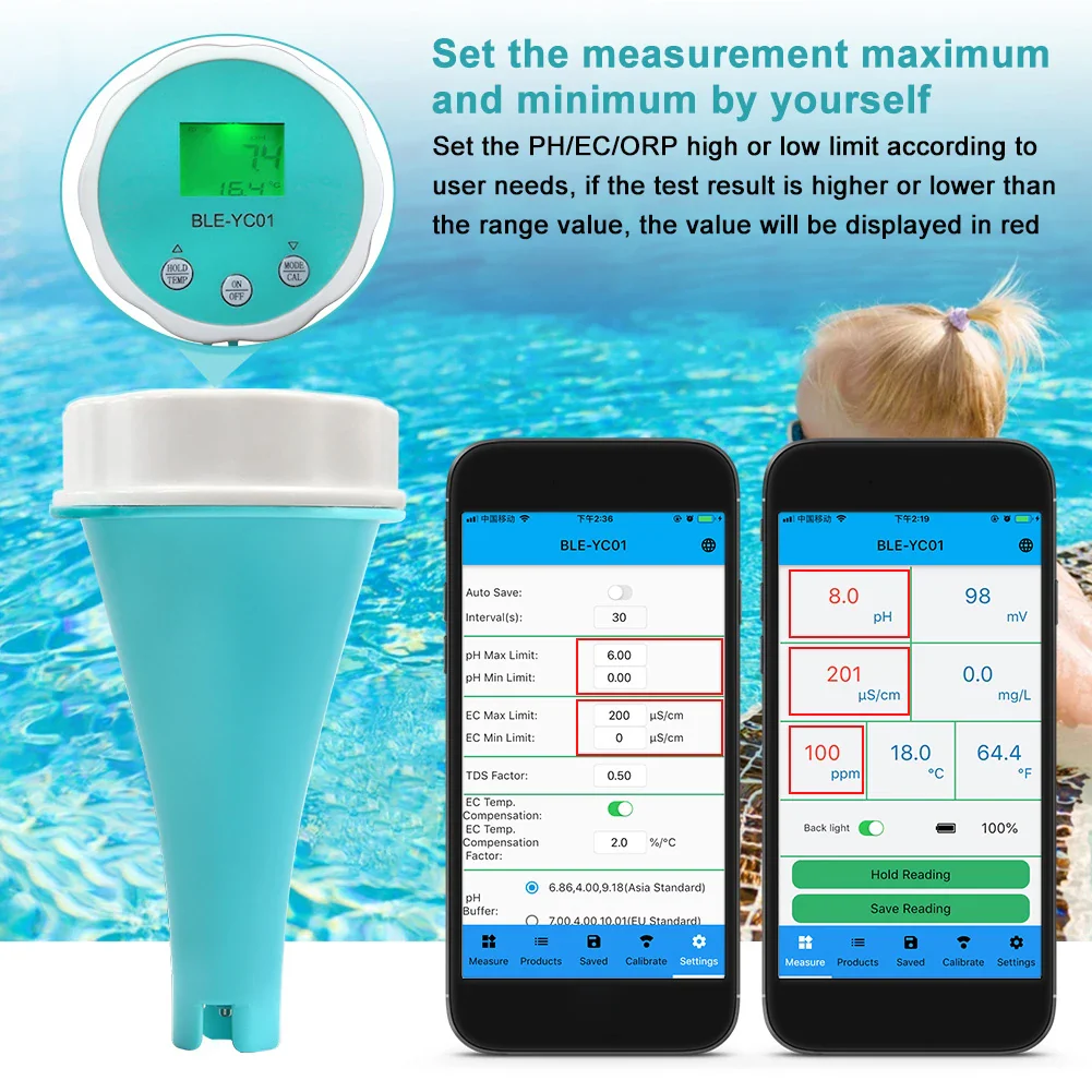 Water Quality Detector 6 In 1 PH EC Dissolved Solids ORP Temperature Chlorine Water Quality Tester BT Mobilephone APP Remote - Image 6