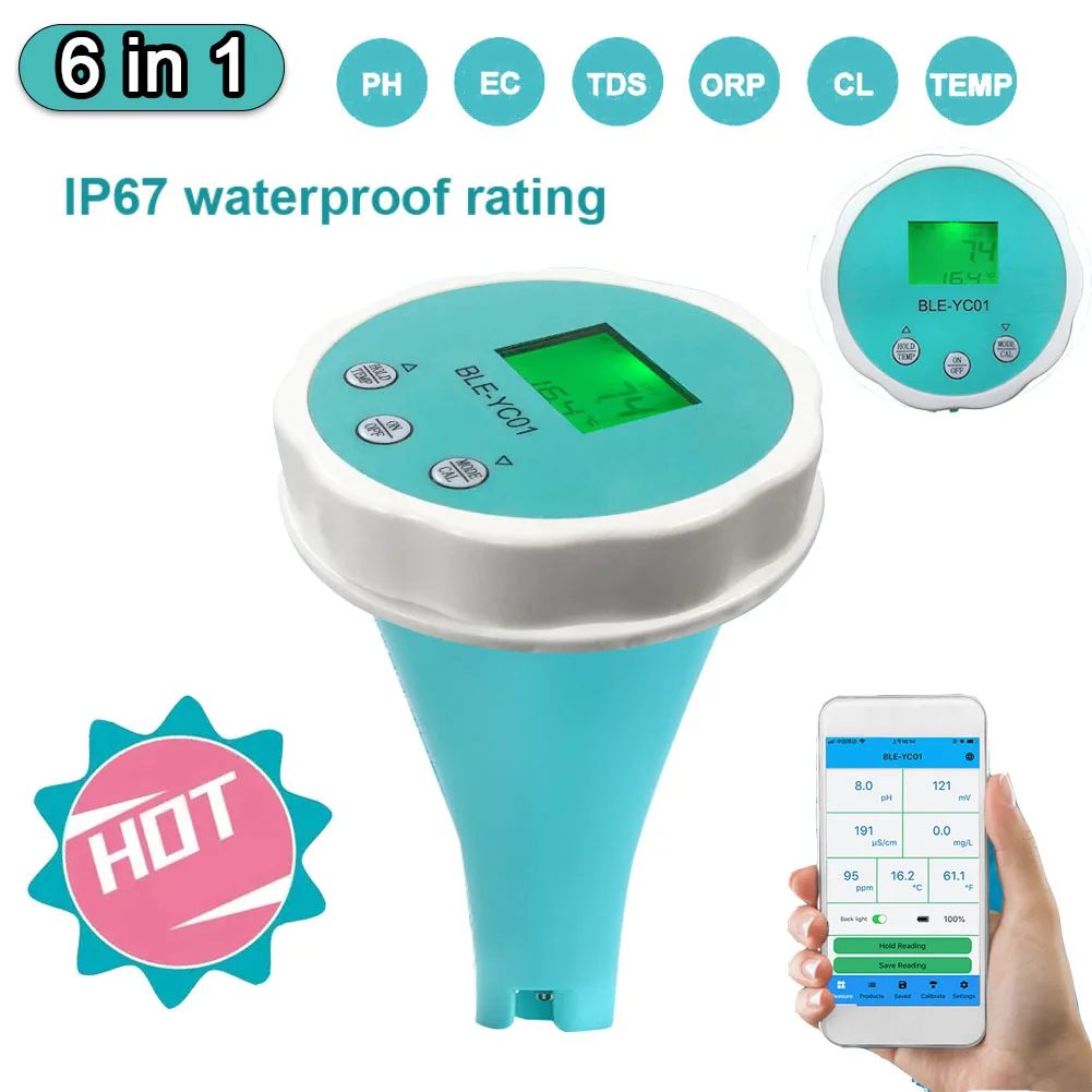 Water Quality Detector 6 In 1 PH EC Dissolved Solids ORP Temperature Chlorine Water Quality Tester BT Mobilephone APP Remote - Image 7