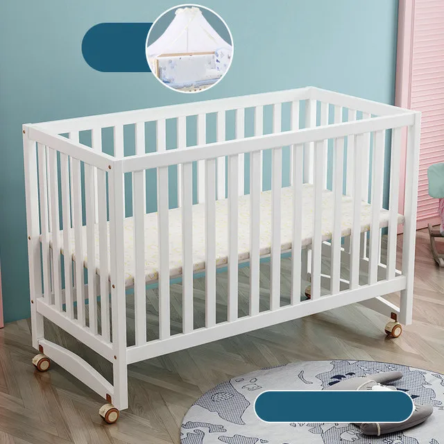 White Color Multifunctional Baby Crib, Solid Wood Newborn BB Cradle Cot, Can Splicing Big Bed - Image 10