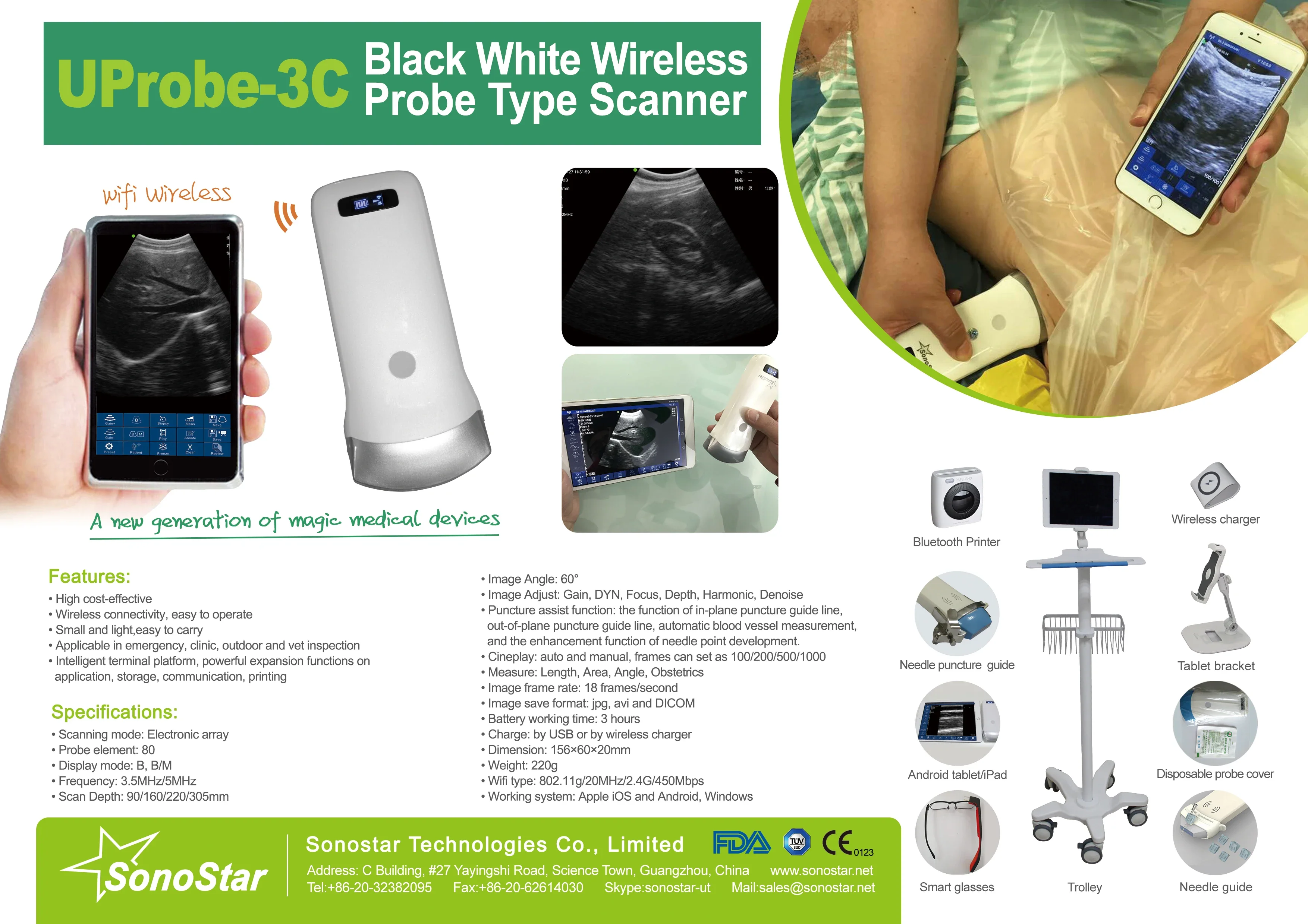 Wireless Ultrasound Probe WIFI Probe Convex / Linear Support ISO Andriod Portable Wifi-Scanner 3.5Mhz / 7.5Mhz - Image 3