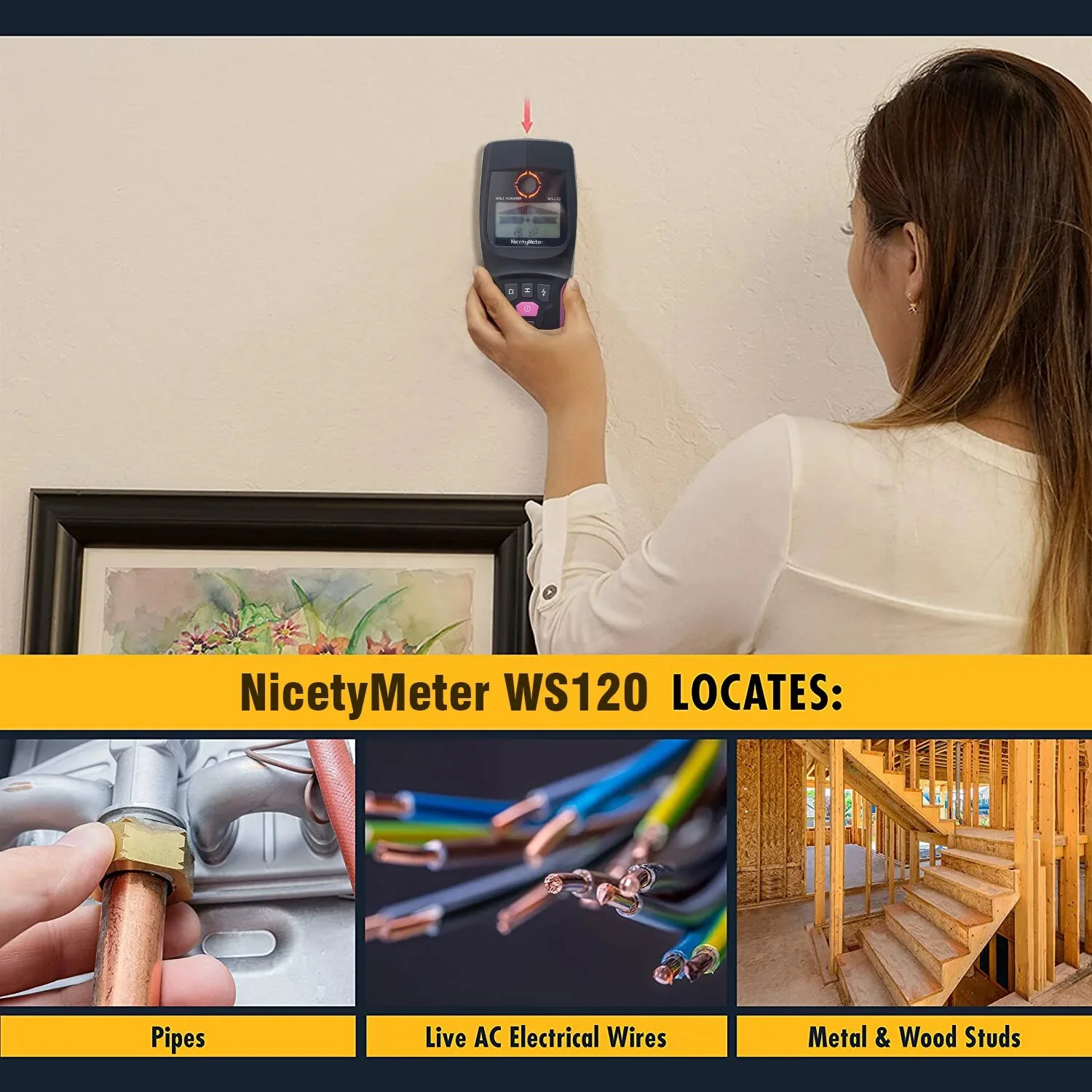 WS120 Multi-Scanner Stud Finder AC Wood Cable Wires Depth Tracker Plumbing Underground Wall Scanner LCD Beep - Image 3